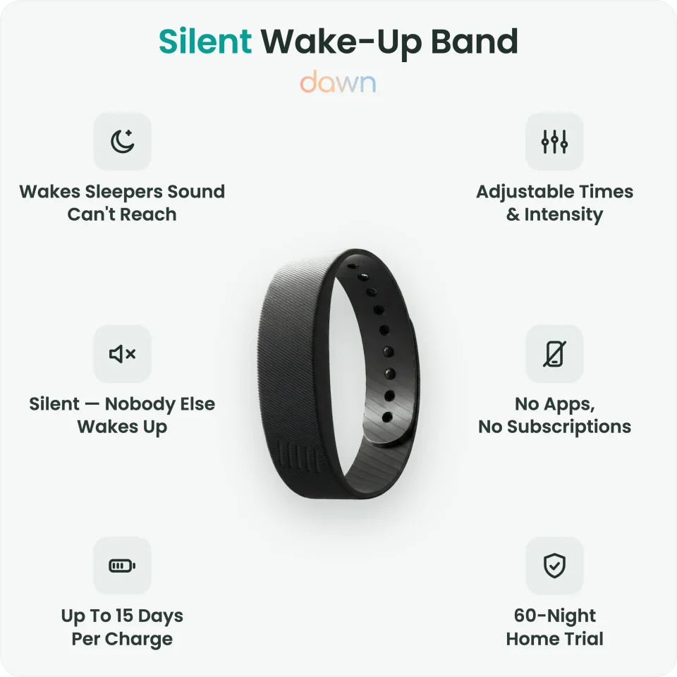 Dawn Band features: wakes sleepers sound can't reach, silent, 15-day battery, adjustable times, no apps, 60-night trial