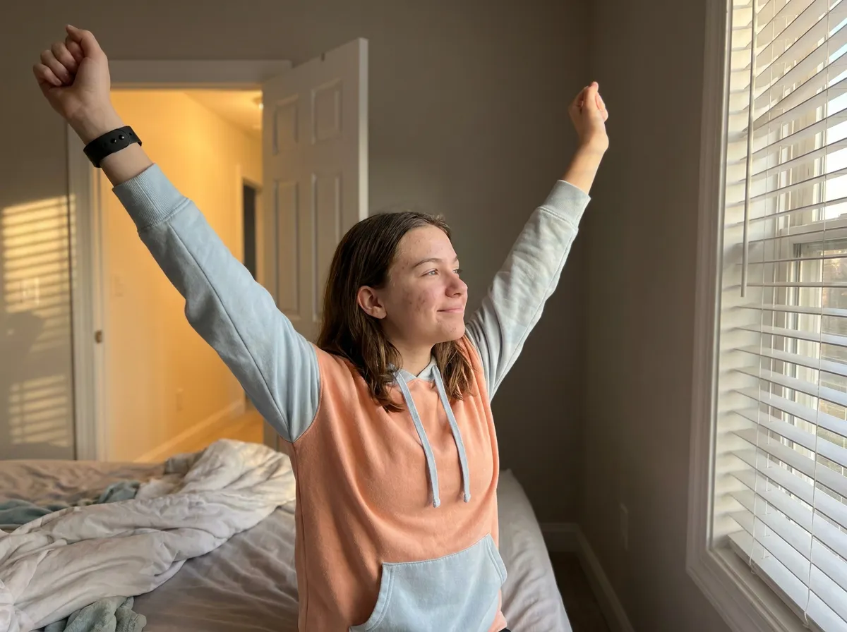 Teen girl awake and stretching in morning light